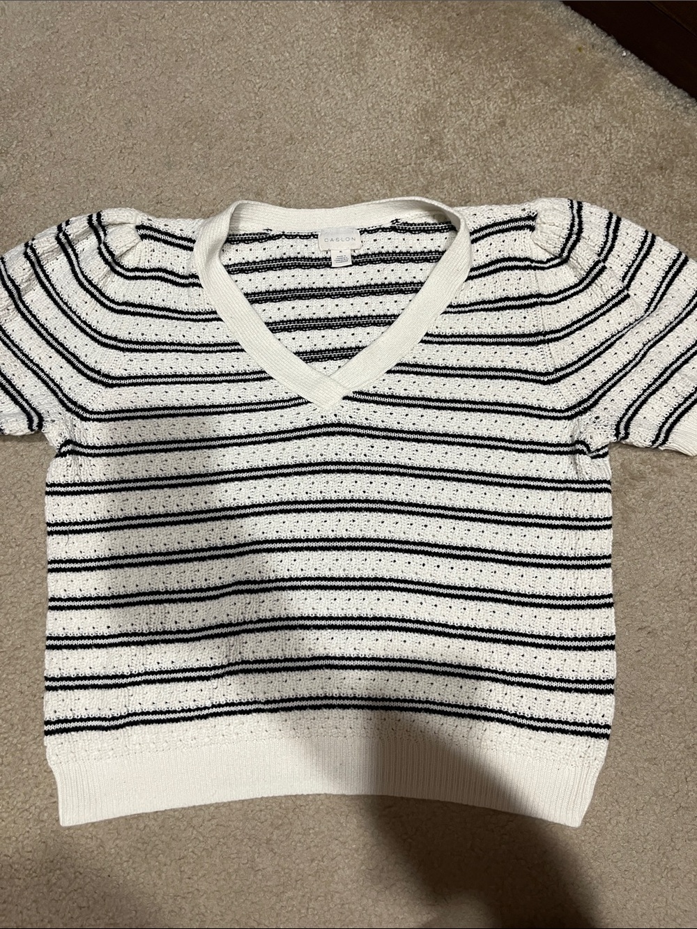Caslon White & Black Striped V-Neck Knit Top